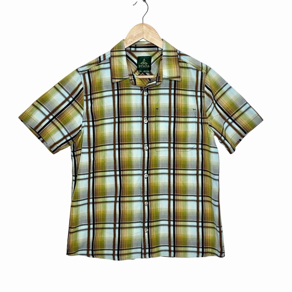 Prana Short Sleeve Plaid Shirt Mens Small Cotton Blend Outdoor Camp Button Up